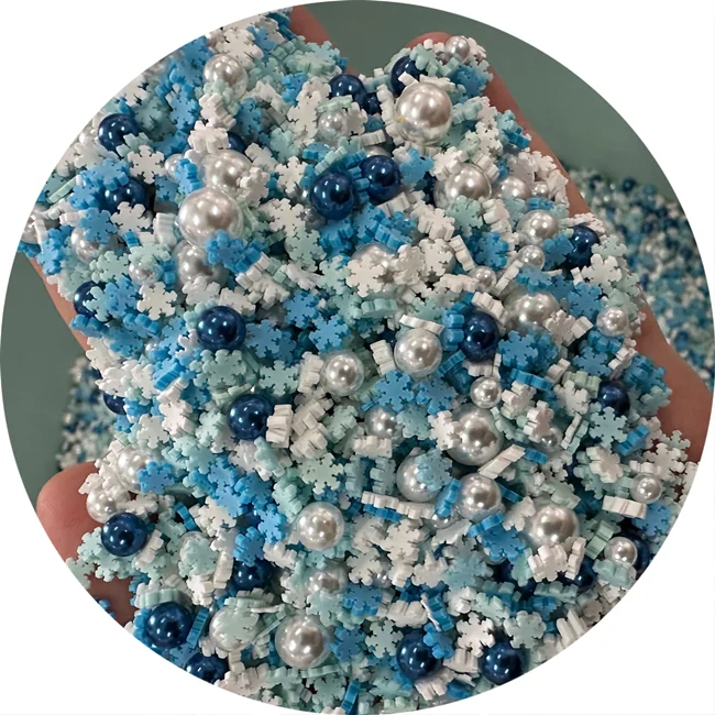 Бело-голубые снежинки полимерная глина ломтики смешанные круглые жемчужные бусины игрушки «сделай сам» слайм подвески подарки для детей декор ногтей товары ручной