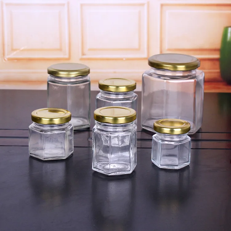 45ml 70ml 85ml 120ml 180ml 400ml 六角形ガラス製ハニーポット 金属蓋
