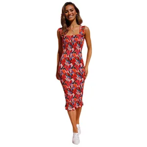 2026 Summer Women's Sexy Bodycon Dress Backless Floral Print Midi-Length Strap Smocking Natural Waistline Eco-Friendly Digital