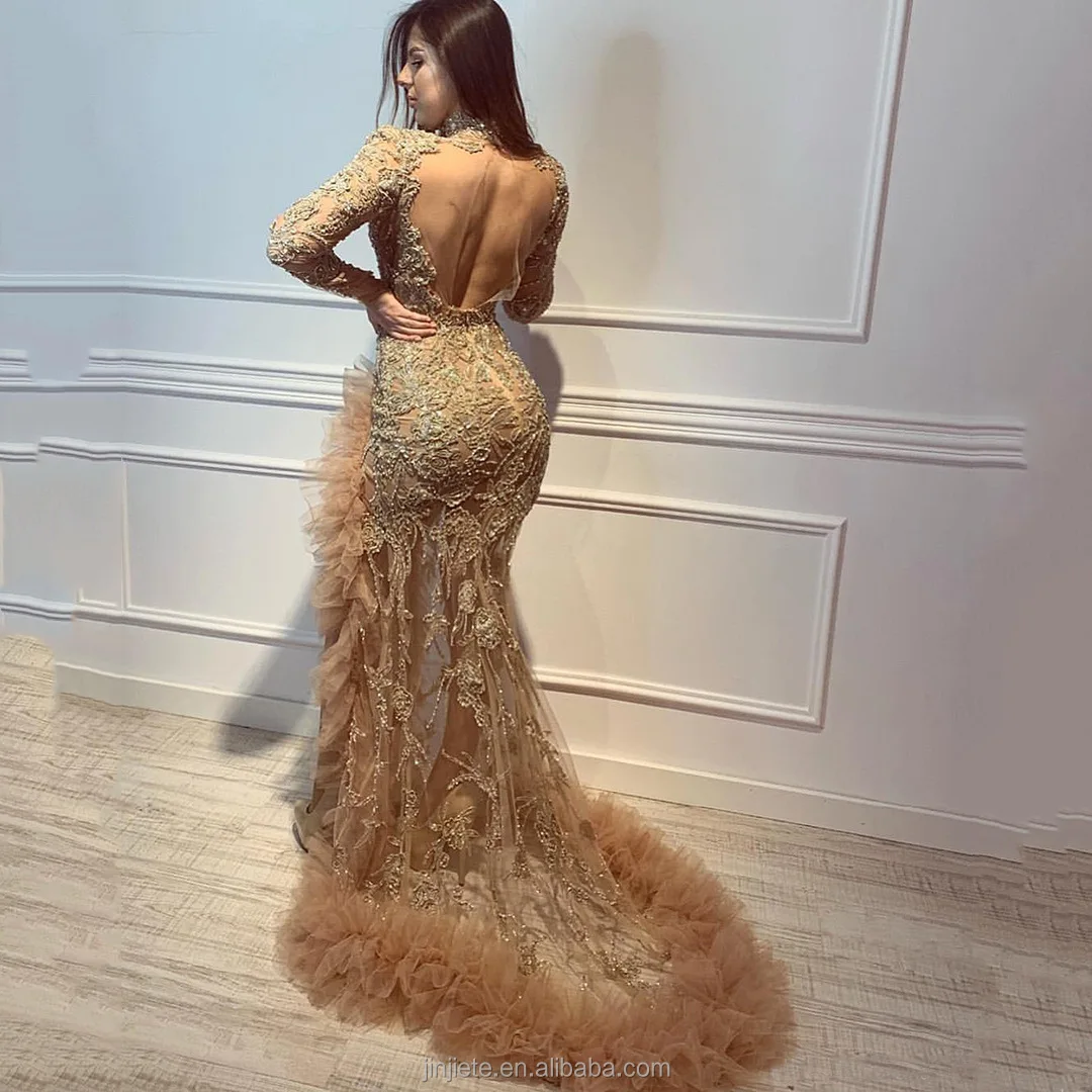 Women Luxurious Evening Dress Long Sleeve Lace Beads High Neck Mermaid