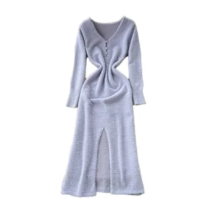 Customize Winter Sustainable Anti-Static Breathable Washable Elegant V-Neck Slit Tunic Knit Midi Empire Dress for Women