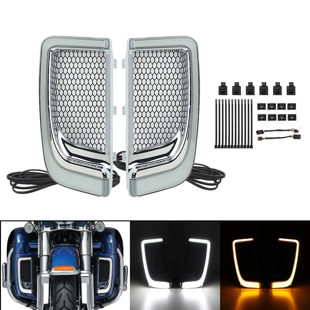 WUKMA Chrome Motorcycle Fairing Lower Grills LED Turn Signal Light Fit For Touring Street Road Glide