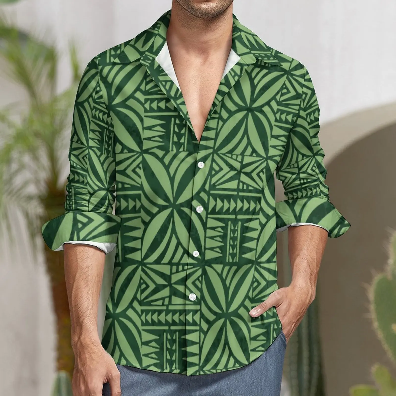 print on demand dress shirts Print On Demand Fall Men Long Sleeve Pocket Shirt Drop Ship Tapa Cloth  Print Green Samoan Shirts Polynesian Island Dress Shirt
