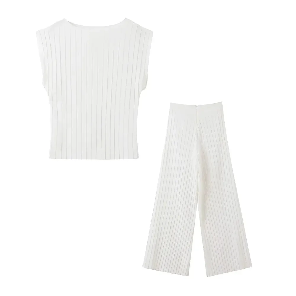 Pleated Asymmetric Halter Tank Tops and Straight Pants for Women Female Two Piece Sets