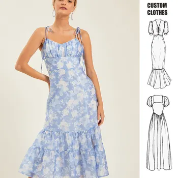 Customization High Quality Trendy Casual Blue Floral Midi Dresses Beach Blue Spaghetti Slip Elegant Midi Summer Dress 2024