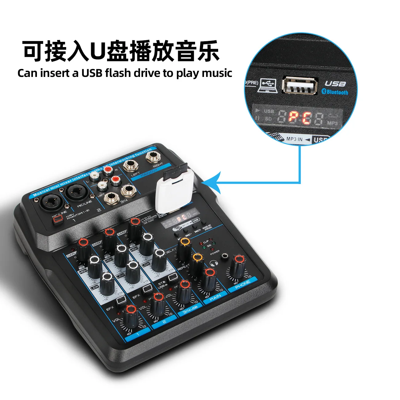 U4 BT Sound Mixing Console Record 48V Phantom Power Monitor AUX Paths Plus Effects 4 Channels Audio Mixer with USB