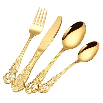 Stainless Steel High Quality Flatware Cutlery Set 4pcs Knife Fork and Spoon Vintage Relief Flatware Set for Weddings Dinner