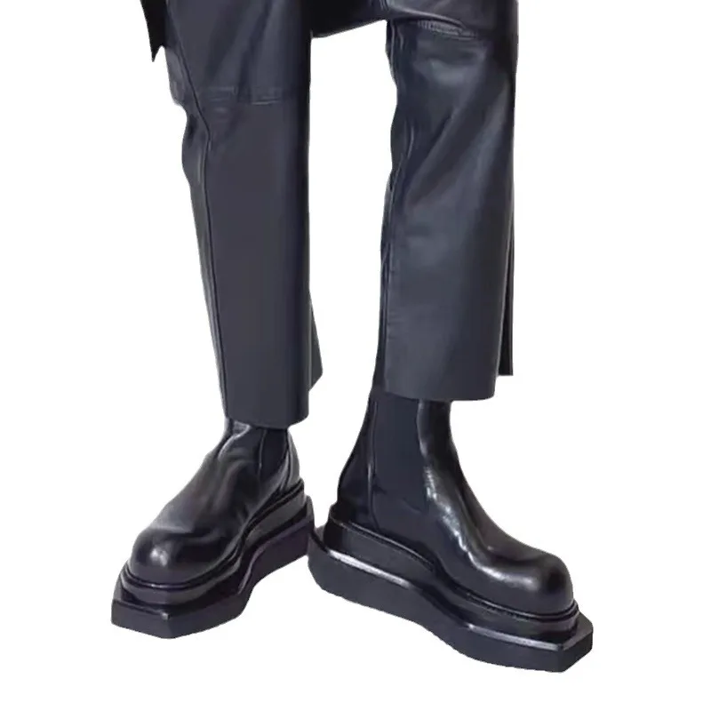 Men Women High Platform Fashion Boot Thick Square Bottom Round Toe Winter Leather Unisex Ankle Boots - Image 5