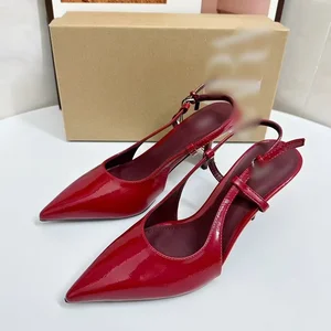 QuiteS Pointed Toe Red Patent Leather Fashionable Versatile High Heel Sandal for Women Fashion Classy Office Buckle Strap Sandal