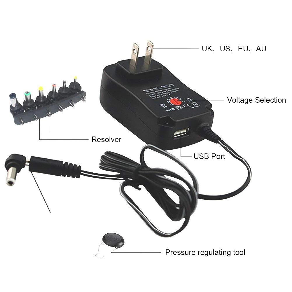 30W Multifunctional Power Adapter 3-12V Adjustable Voltage Power Supply for Monitoring, Routers, Electronic Toys, and more factory