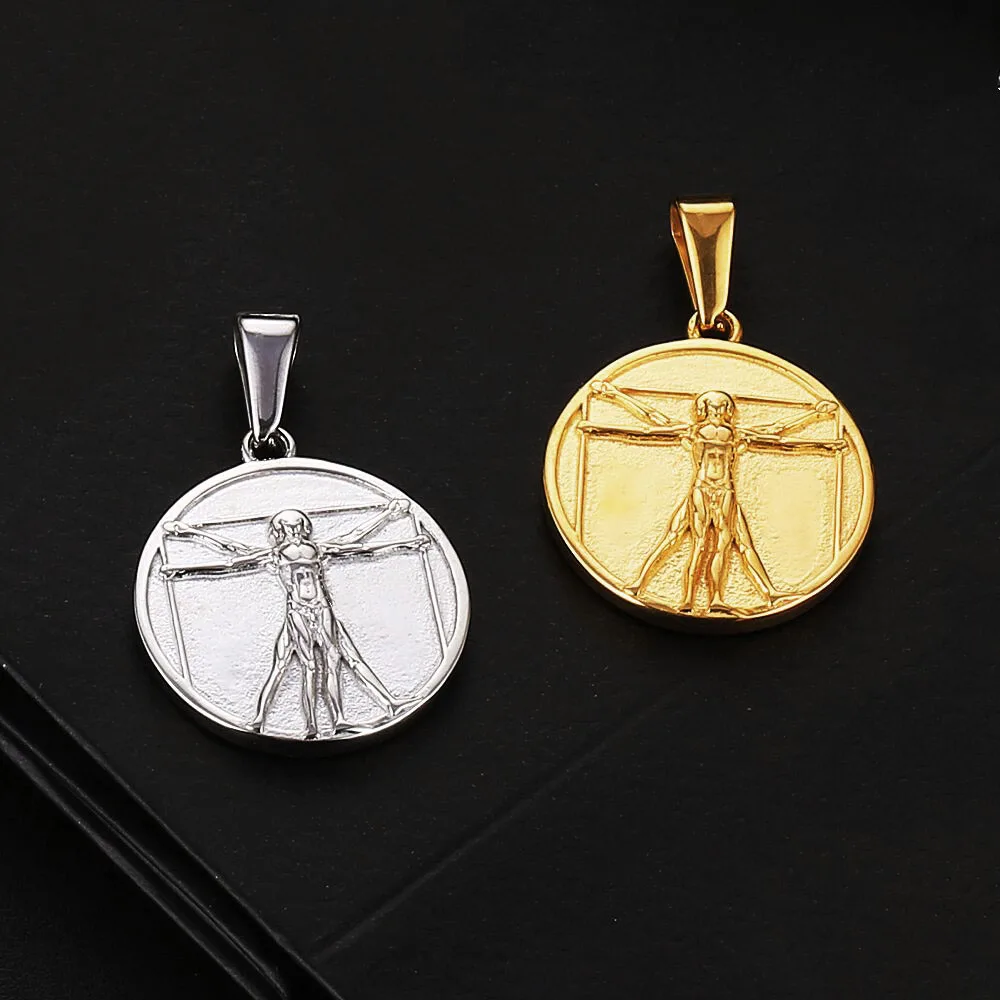 18k 금도금 레오나르도 다빈치 비트루비안 펜던트 휴먼 참 추상 예술 비트루비안 맨 코인 스테인리스 스틸 주얼리 펜던트