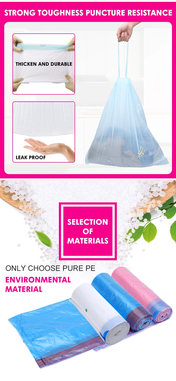 Custom Size Kichen Drawstring Biodegradable Trash Bag Household Draw