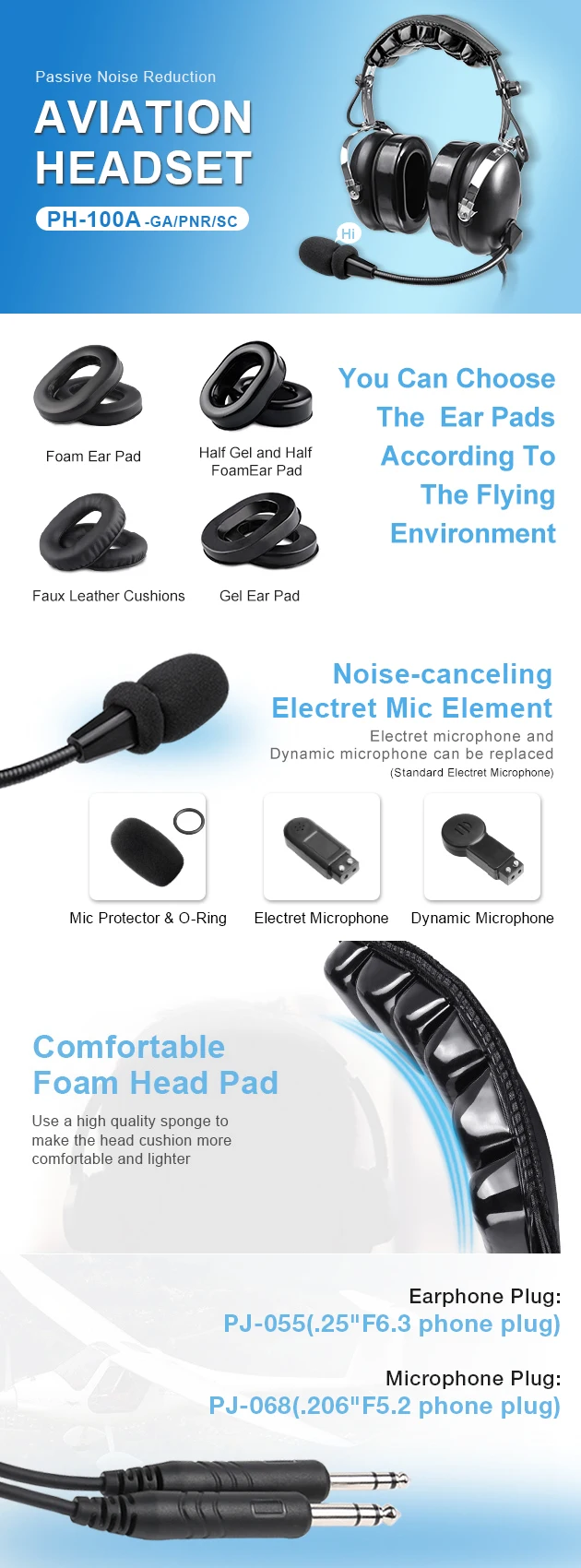 Passive Active Noise Cancelling General Aviation Headset With Dual Plug