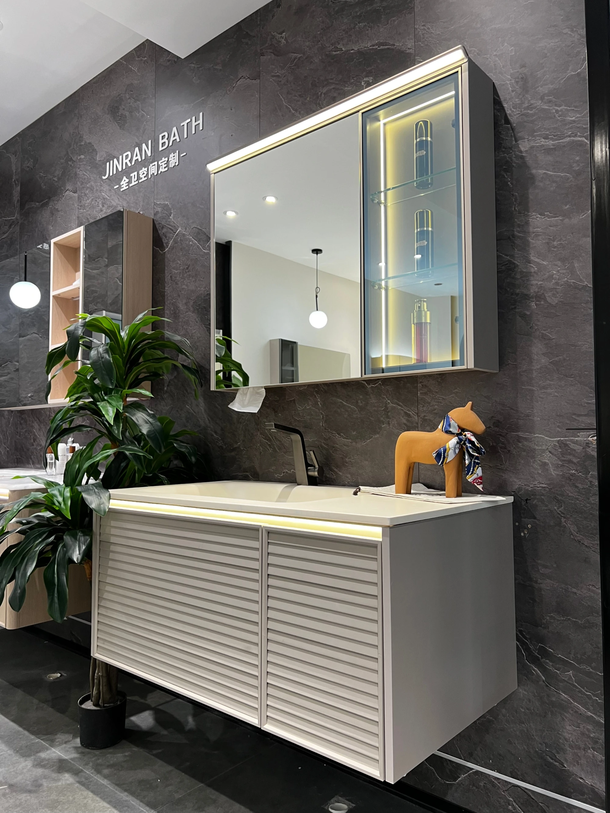 2025 Modern Simple Wooden Rock Plate Bathroom Vanity LED Smart Mirror Bedroom Dressing Makeup Cabinet Rock Plate LED Smart
