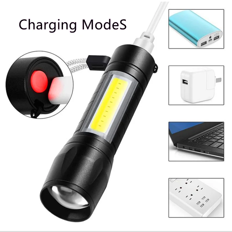 Super Bright Zoom LED Q5 T6 Torch Light With Side COB Light Aluminum Waterproof night light USB Rechargeable Led Flashlight