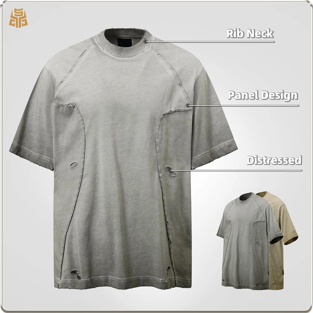 T-shirt personnalisé vintage, t-shirt délavé à l'acide, t-shirt lourd 300 g/m², t-shirt détérioré, col côtelé, streetwear ample, t-shirt pour hommes