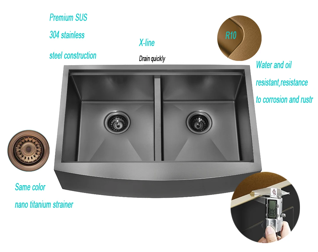 Farmhouse Double Bowl PVD Nano Gunmetal Black Workstation Sinks 304  Stainless Steel Kitchen Sink with Ledge From Thailand