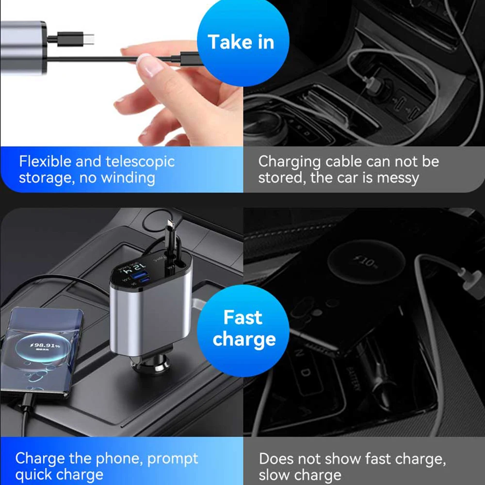 Fast Phone Charger Cell Phone With Ports USB Cable for Type C in  Retractable Super Fast Charging Car Charger