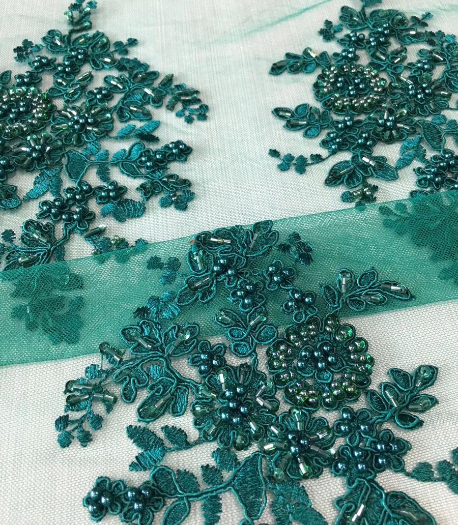 
Темно-зеленая кружевная ткань с бусинами и вышивкой вручную, жемчужные бусины, блестящая кружевная ткань для женщин 