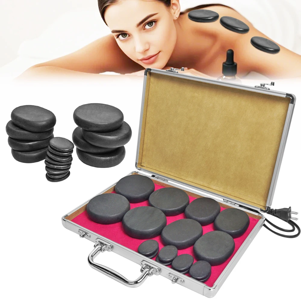 16-Piece Basalt Hot Stones with Heater Kit Infrared Physiotherapy Massage Stones for Home Spa Back Relaxation and Healing