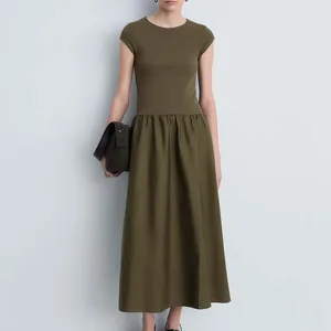 Clothing Manufacturers Custom Spring Summer Autumn Casual A-Line Short Sleeves Patchwork Knitted Ruffle Hem Maxi Dress