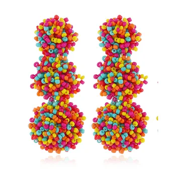 Amazon Best Selling Bohemian Multi Color Seed Beads Drop Earrings Fashion Multi Layer Long Boho Colorful Resin Beaded Earrings