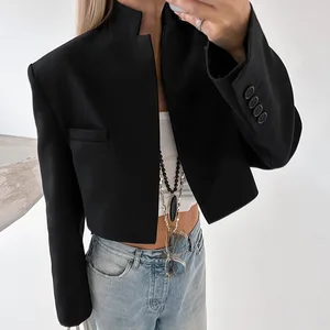 High Quality 2024 Elegant Women Black Lapel Short Jacket Vintage Long Sleeve Blazer Female Outerwear Chic Tops Short Suit Jacket