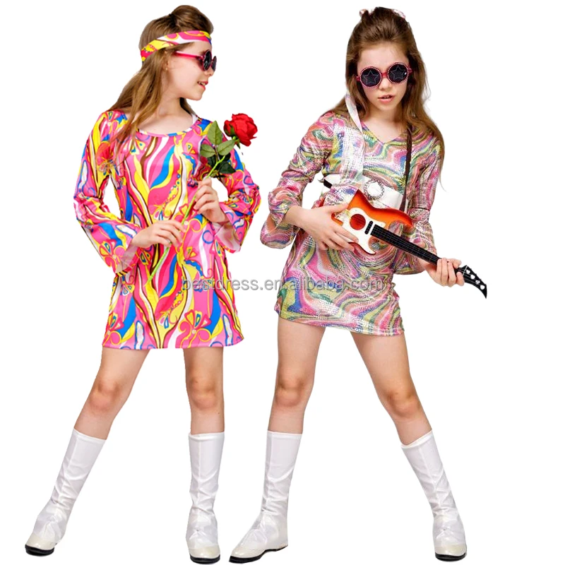 Kids Girls 70s Disco Cosplay Costume Vintage Print Long Bell Sleeves Hippie Dance Dress with Headband Halloween Party Dress Up Alibaba