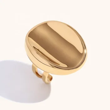 Dingran Minimalist 18K Gold Plated Oval Glossy Open Rings Stainless Steel Women's Jewelry