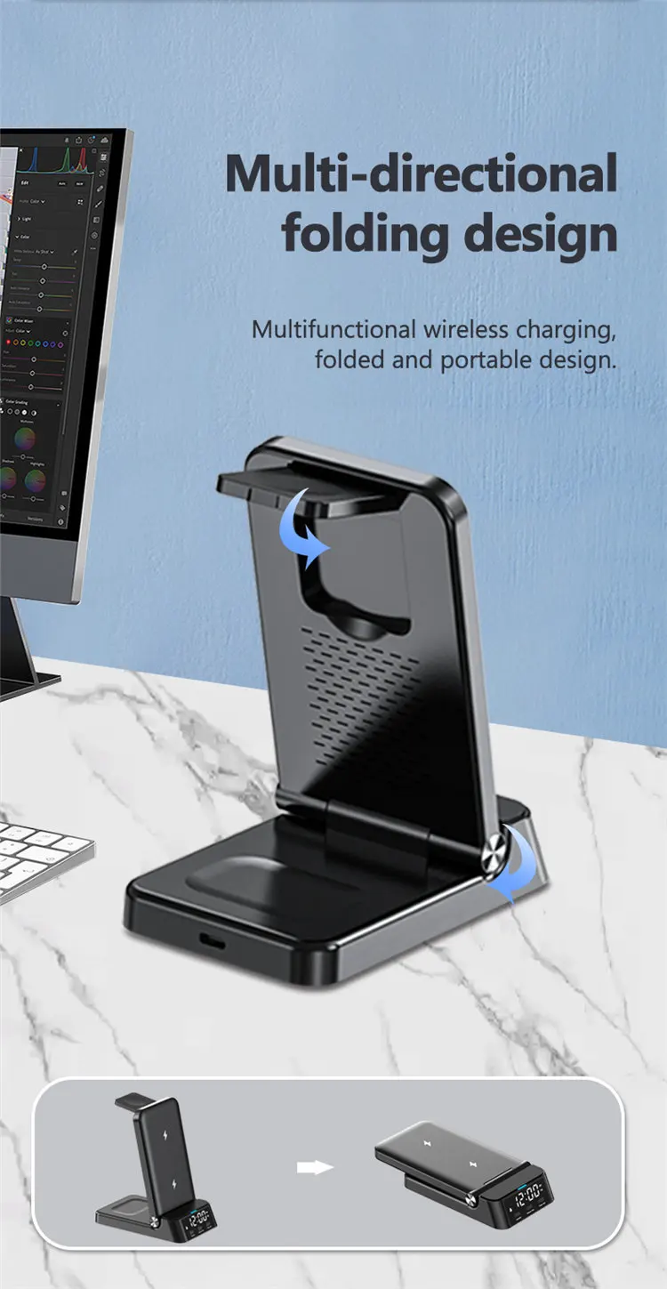 25w 4-in-1 foldable wireless charging station with clock