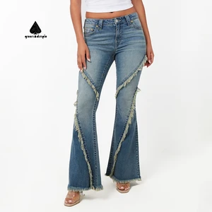 High Quality Faldas De Barrel Low Waist Femme Des Fringe Trim Jeans Pant Slim Fit Women's Low Rise Jeans Trousers for Ladies