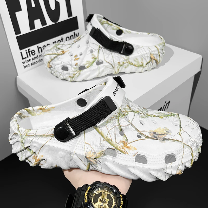 Men's Dual-Use Casual Sandy Slippers Breathable Summer Light Holes Beach Shoes Flat Feature EVA Slip-On for Outdoor Leisure