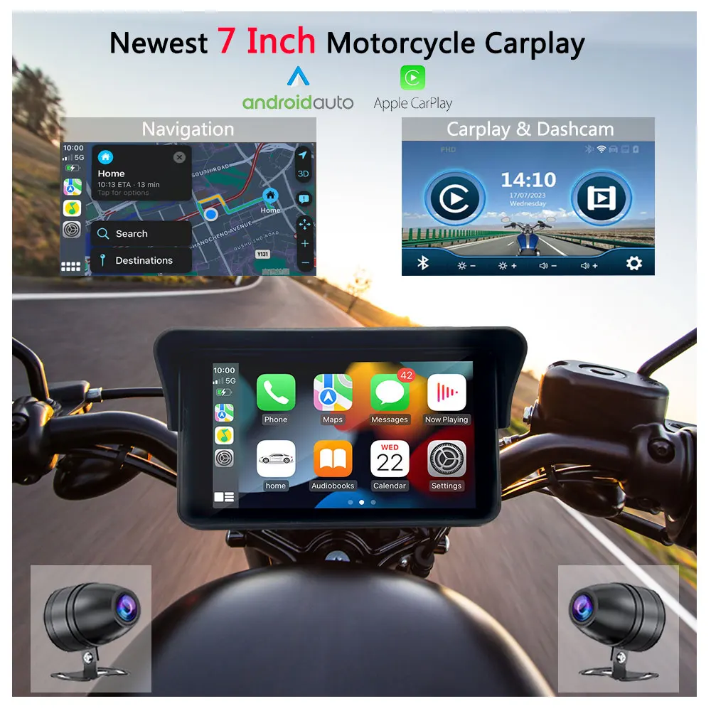2025 Motorcycle GPS Navigation 7 Inch HD Touchscreen IPX7 Waterproof Wireless Carplay Android Auto Universal for Harley BMW