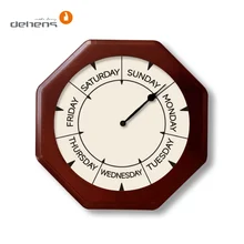 Solid Wooden Tempered Glass Wall Clock Solid Wooden Round Frame Week Clock with Noon and Midnight Markers Quiet Wall Mounted