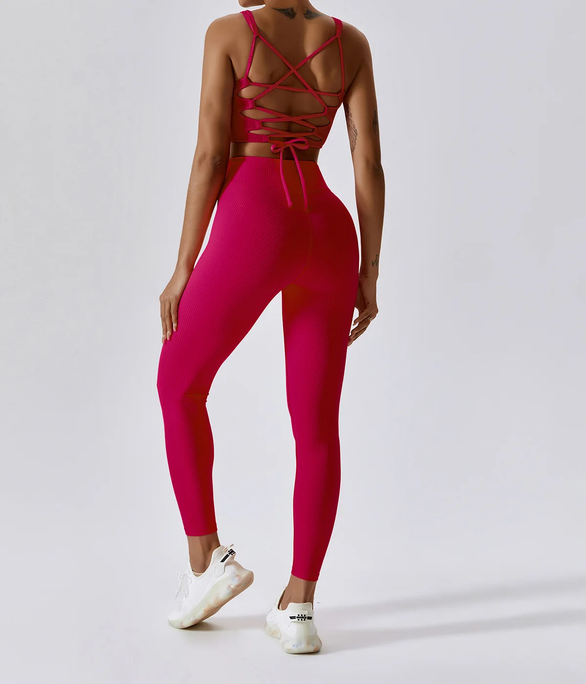2023 New Ribbed Yoga Set Women Sexy Sports Bra Sports Cross Waist Leggings Gym Wear Custom Logo 