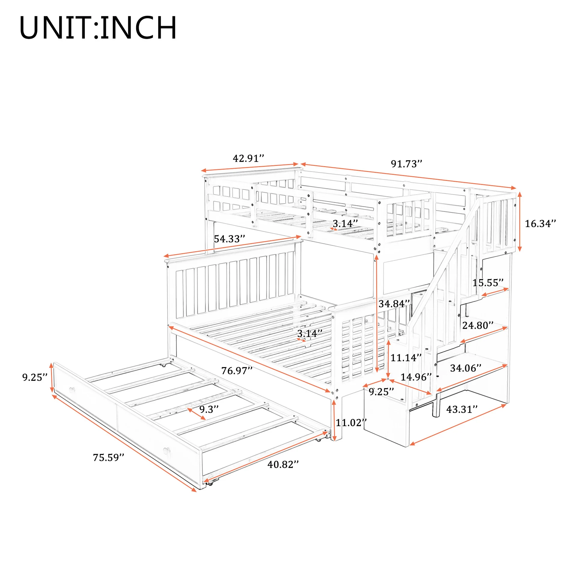 Modern Design Solid Wood Storage Children Three Bunk Bed Child Bed Triple Bunk Bed