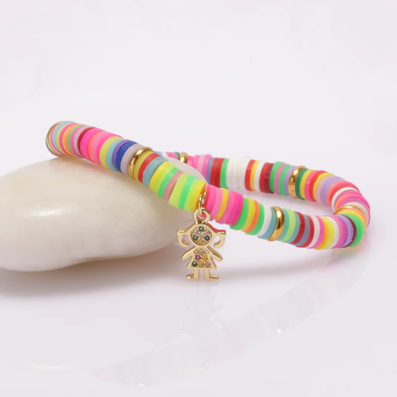 Handmade Fancy Bohemian Polymer Clay Rainbow Bead Friendship Hawaiian Elastic CZ Letter Charm Bracelet for Women Girls