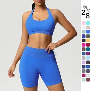 Beautiful Breathable Yoga Sports Suit Hanging Neck High Waist Hip Tight Shorts Solid Pattern Sweat Absorbing for Running Fitness