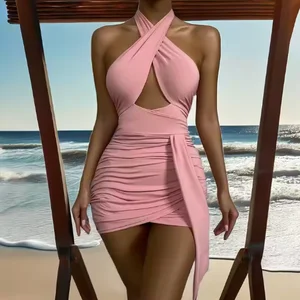 Women's Summer Casual Pink Sleeveless Ruffle Cotton Dress Customizable Sizes Sweet Style Digital Print Sequined Plain Dyed