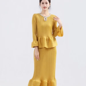 Hot Sale Yellow Pleated Two Piece Set Women's Long Sleeve Ruffled Blouse + Midi Skirt Formal Occasion Outfit