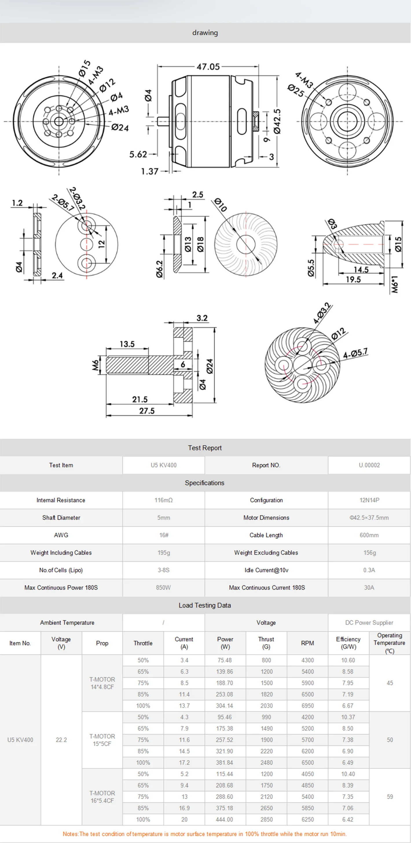 Tmotor U5 Kv400 High Performance Brushless Dc Motor For Drone