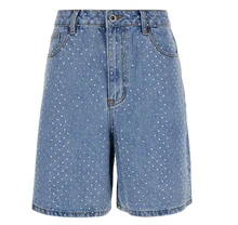 100 % cotton Contrasting Stitching Light Blue High Waist  Bermuda Shorts With All-over  Rhinestone Denim Shorts Woman
