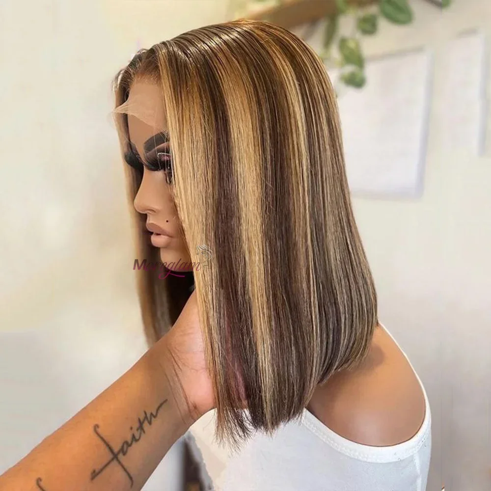 Perruque Bob en cheveux humains raides 13x4 avec dentelle frontale brésilienne courte ombrée_voghion.com