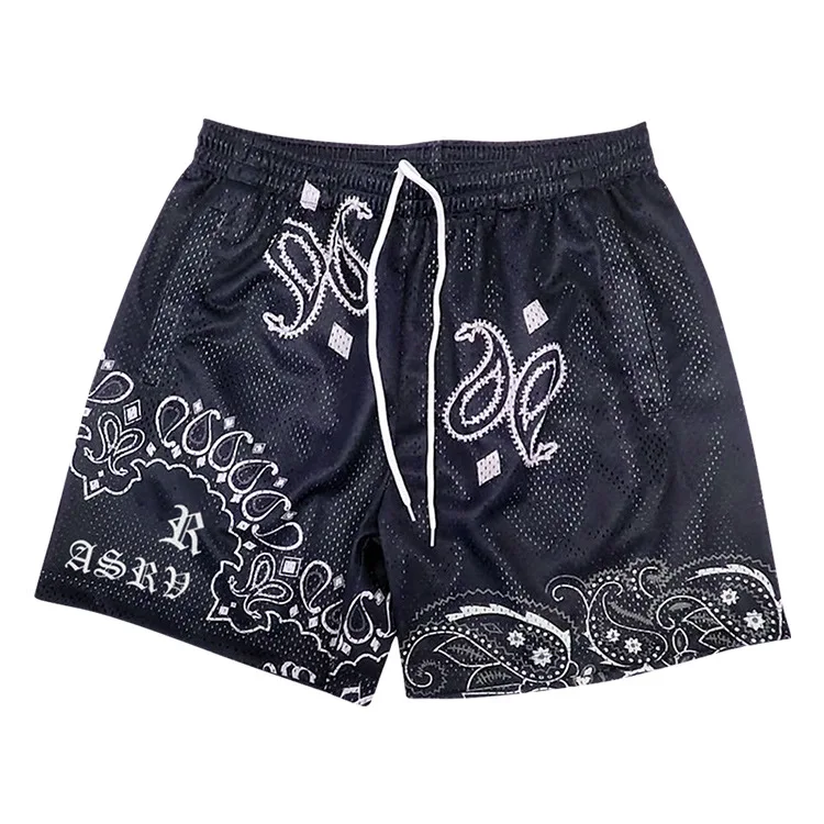 Custom high street style sport basketball printing shorts quick drying polyester breathable bandana mesh shorts for395_voghion.com