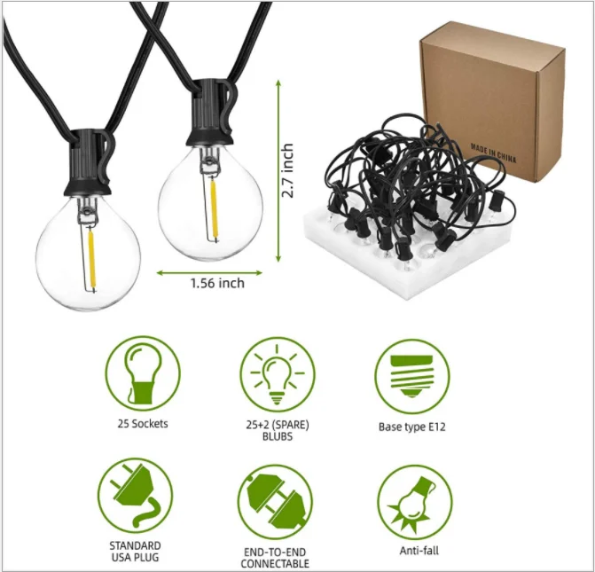 100ft G40 String Lights 100 Edison Style Globe Bulbs Black Wire ...