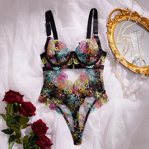 Embroidered Floral Classic Lace Gathered One Piece New Colorful Perspective Little Sexy Lingerie Set