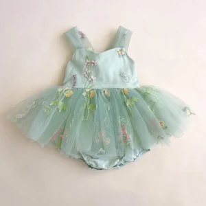 Floral Embroidered Baby Crawl Suit with Lace Decoration Printed Sling Flowers Birthday Dresses for Girls