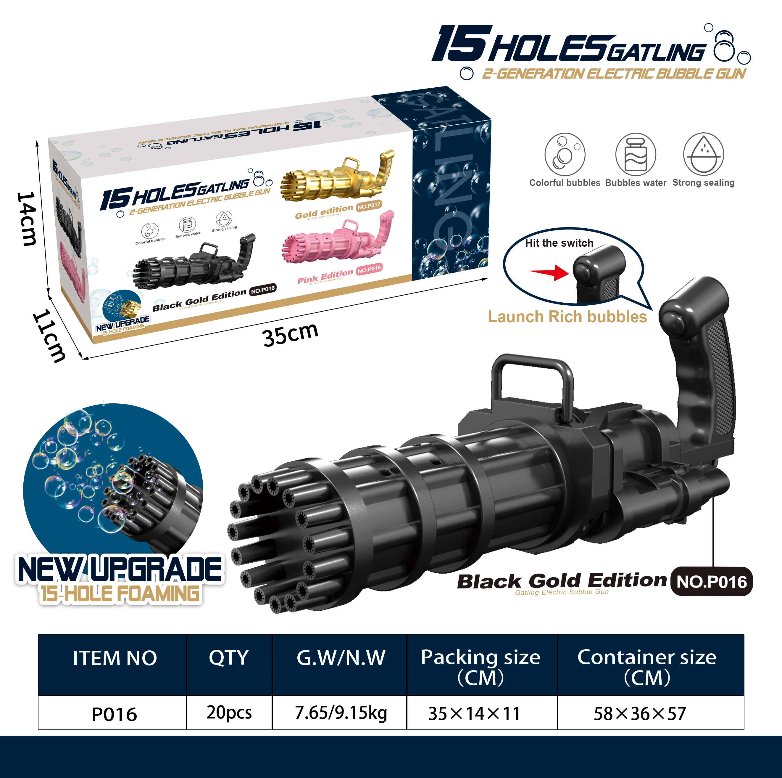 
 Обновление, 15 отверстий, новинка, пузырьковый пистолет Гатлинга, детская пузырьковая машина, уличные игрушки, пистолет Гатлинга  