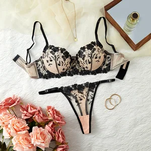 2026 Cross-Border European & American Style Sexy Lingerie Mesh Vine Embroidery Lightweight Push-Up Bra Set