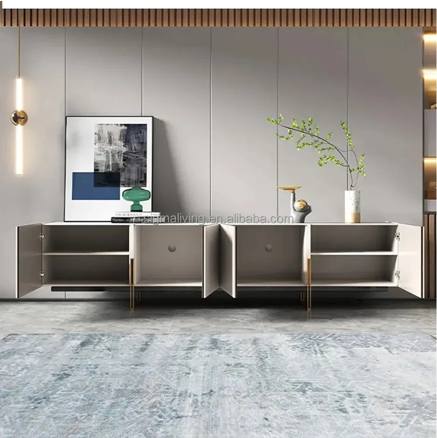 Living room console minimalist  stone top media console 4 doors 6 shelves TV stand